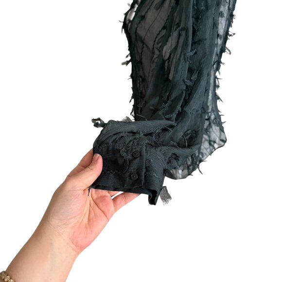 ARA Green Olive FRINGED SHIRT Semi-sheer Collared Long Sleeve Size Small - Picture 7 of 10